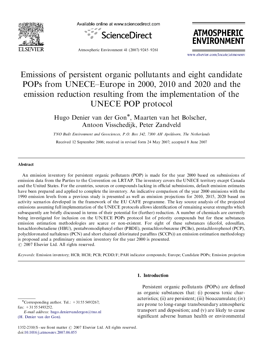 Emissions of persistent organic pollutants and eight candidate POPs from UNECE-Europe in 2000, 2010 and 2020 and the emission reduction resulting from the implementation of the UNECE POP protocol