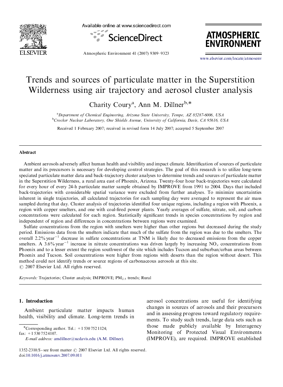 Trends and sources of particulate matter in the Superstition Wilderness using air trajectory and aerosol cluster analysis