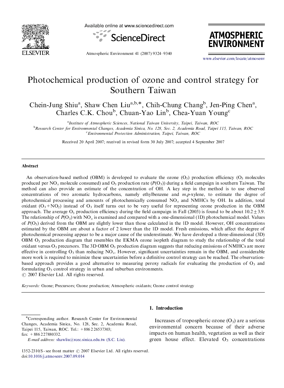 Photochemical production of ozone and control strategy for Southern Taiwan