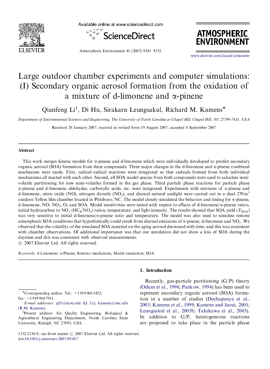 Large outdoor chamber experiments and computer simulations: (I) Secondary organic aerosol formation from the oxidation of a mixture of d-limonene and α-pinene