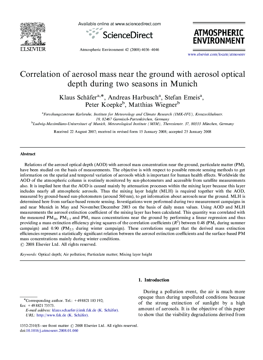 Correlation of aerosol mass near the ground with aerosol optical depth during two seasons in Munich