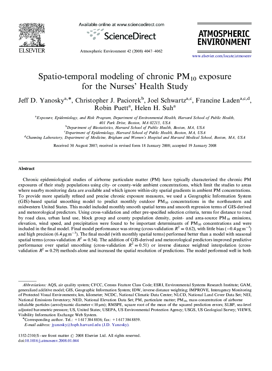 Spatio-temporal modeling of chronic PM10 exposure for the Nurses’ Health Study