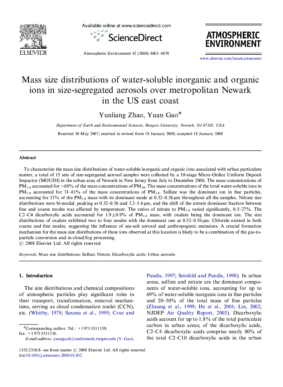 Mass size distributions of water-soluble inorganic and organic ions in size-segregated aerosols over metropolitan Newark in the US east coast