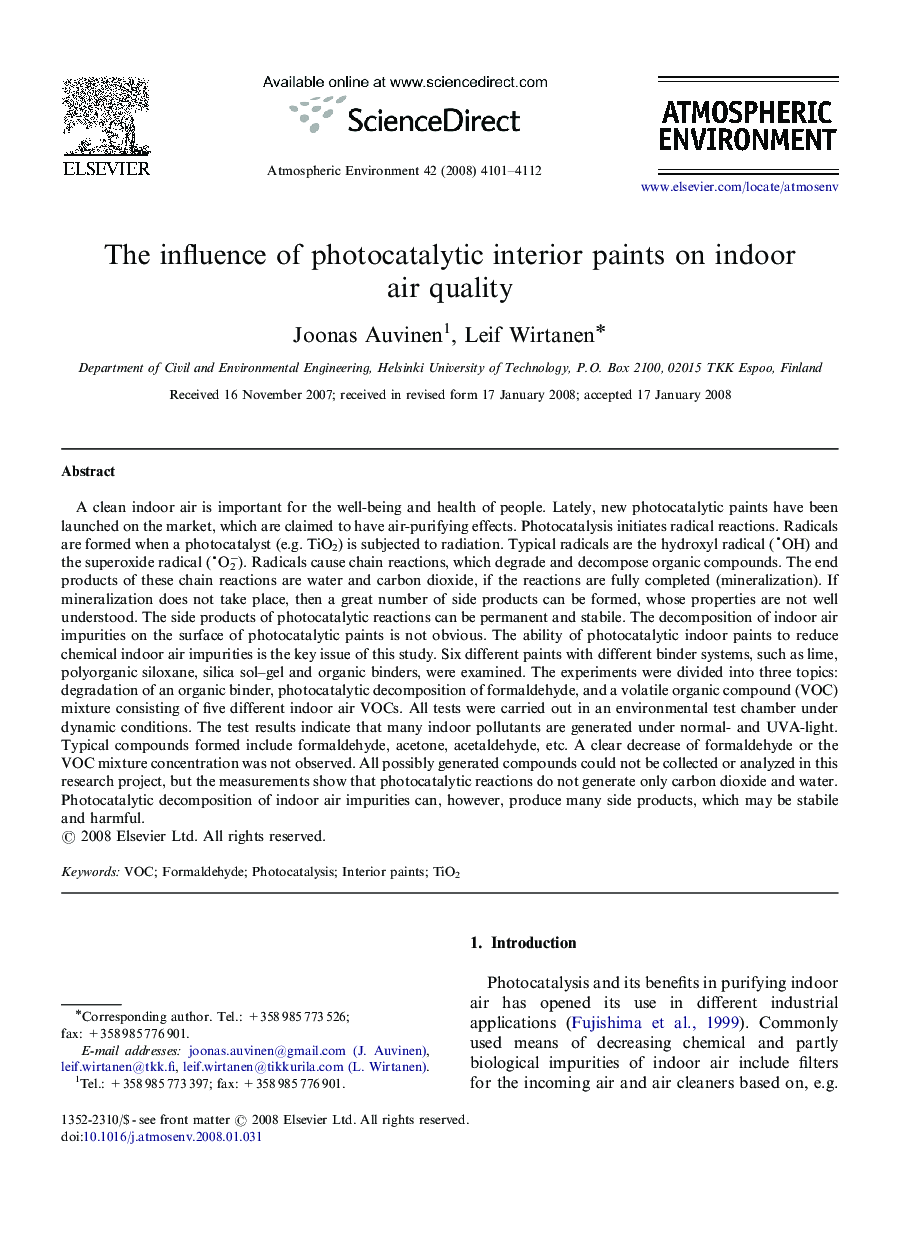 The influence of photocatalytic interior paints on indoor air quality