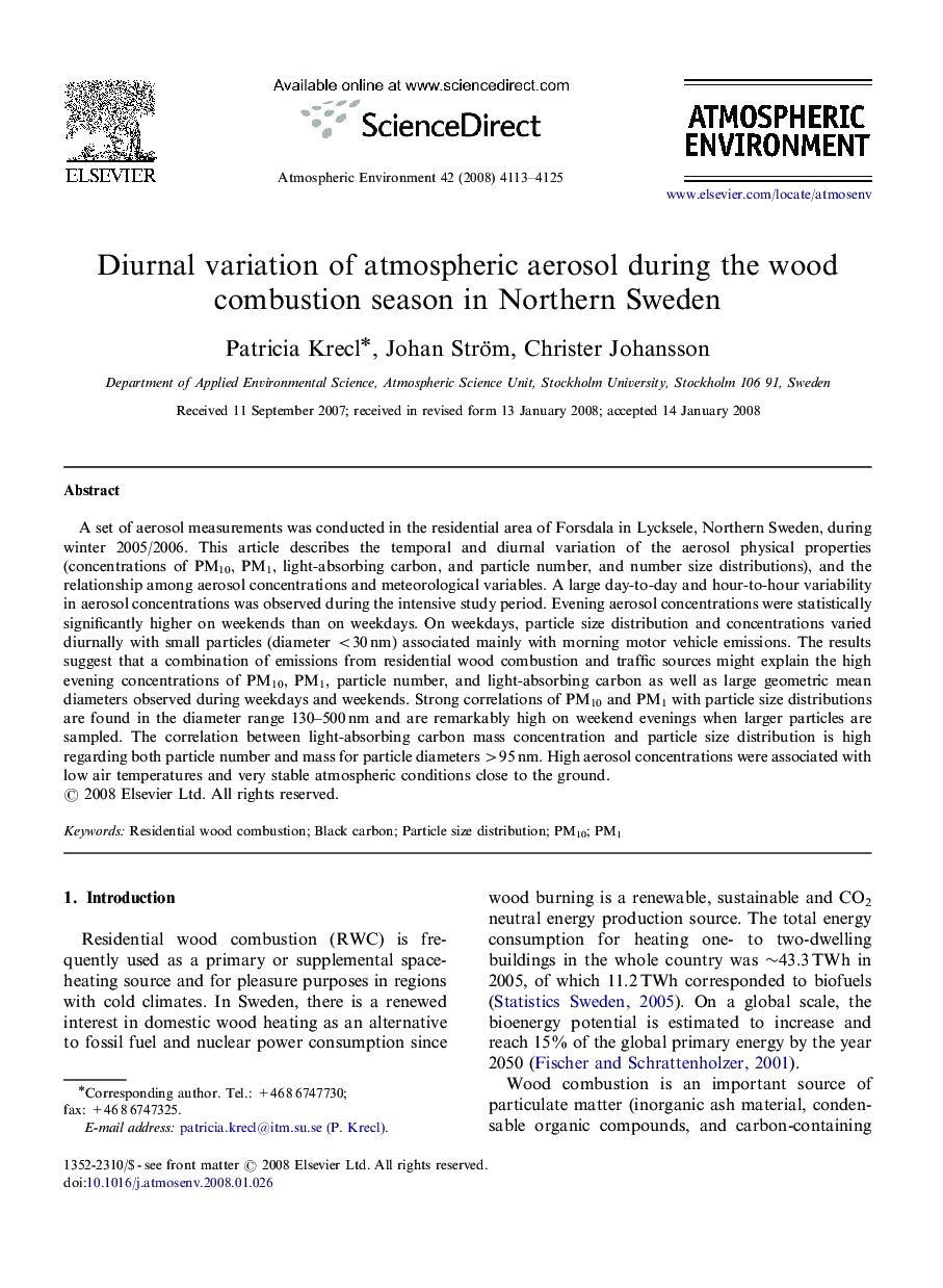 Diurnal variation of atmospheric aerosol during the wood combustion season in Northern Sweden