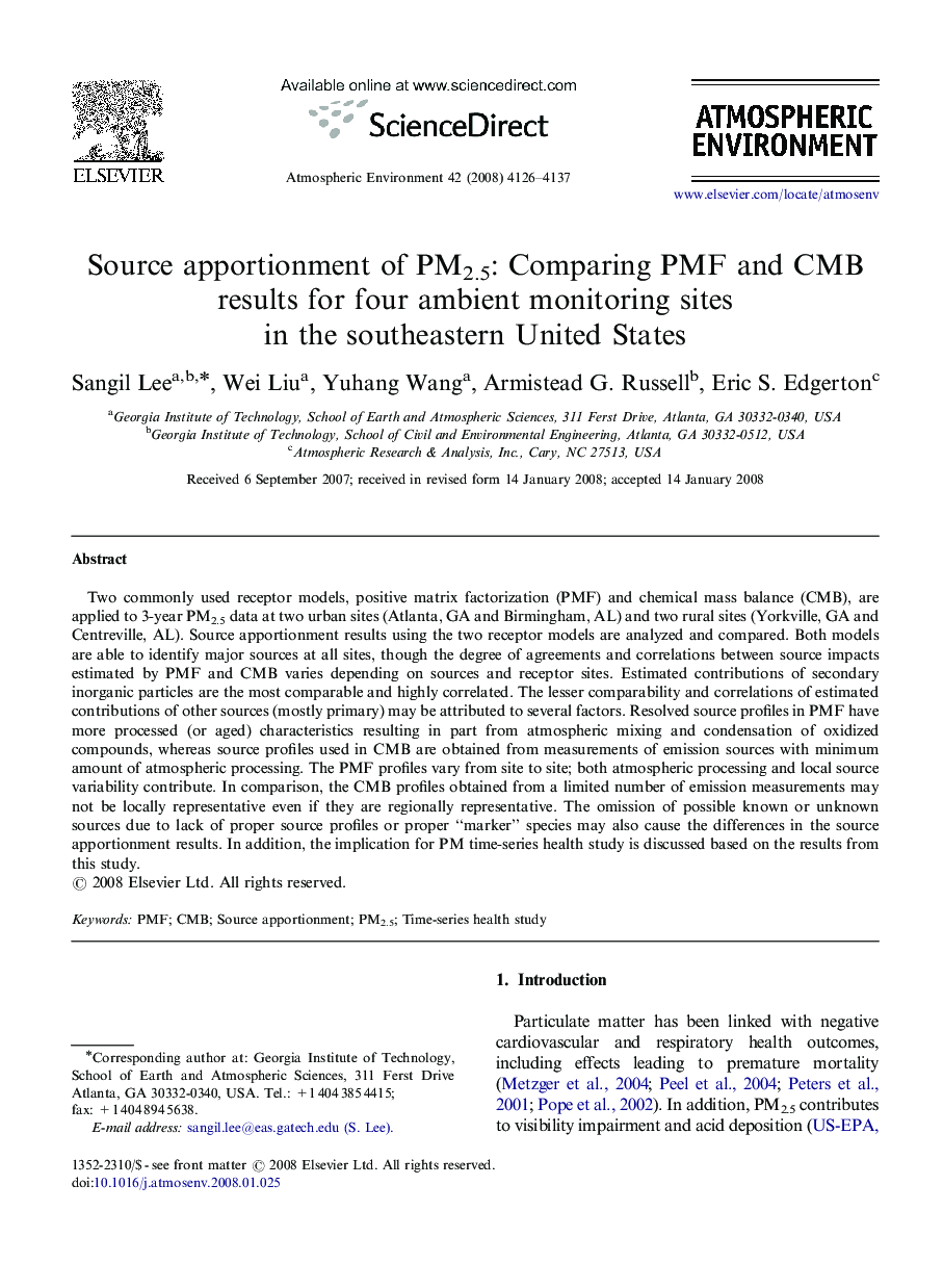Source apportionment of PM2.5: Comparing PMF and CMB results for four ambient monitoring sites in the southeastern United States