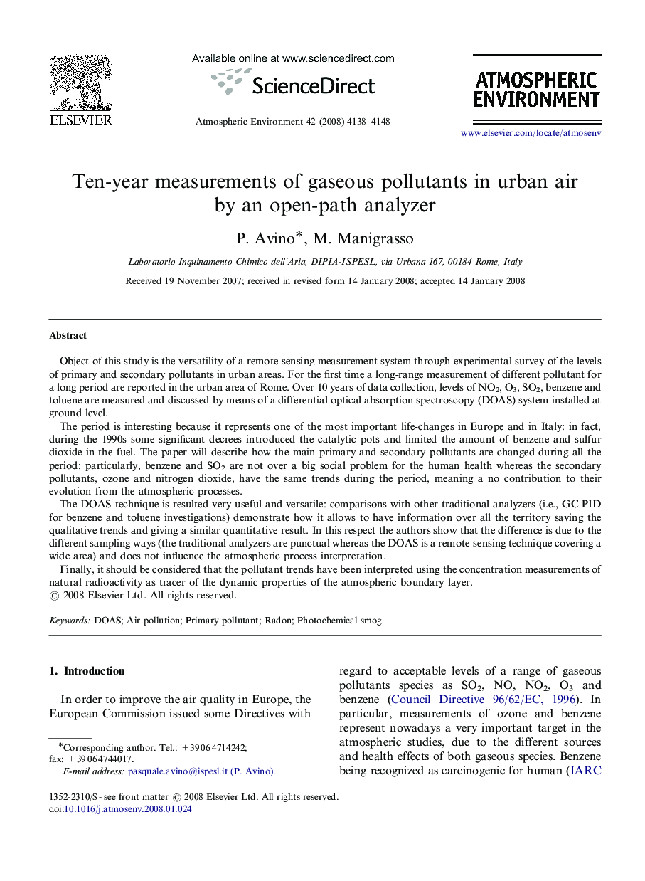 Ten-year measurements of gaseous pollutants in urban air by an open-path analyzer