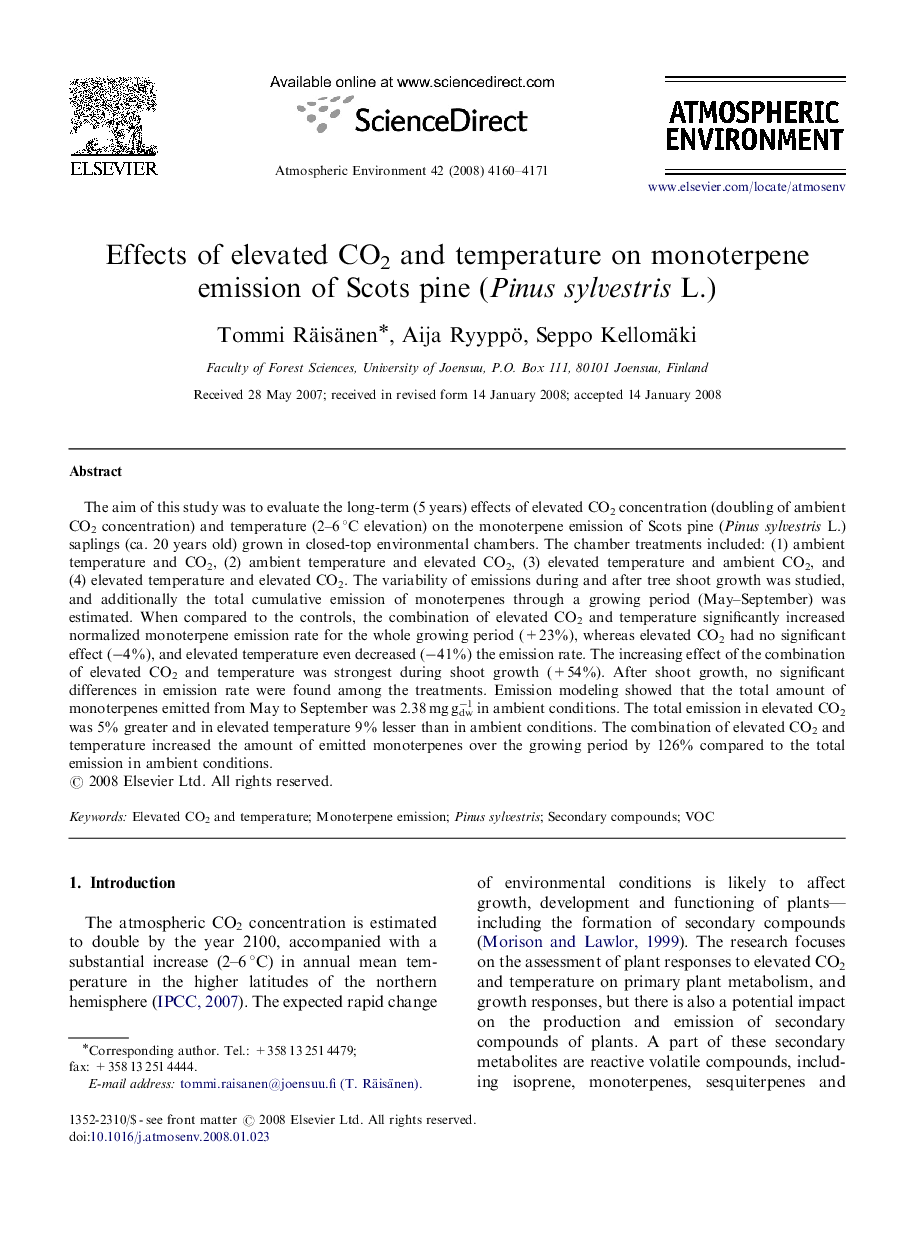 Effects of elevated CO2 and temperature on monoterpene emission of Scots pine (Pinus sylvestris L.)