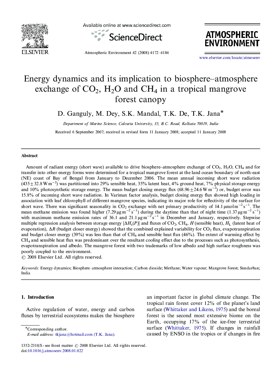 Energy dynamics and its implication to biosphere–atmosphere exchange of CO2, H2O and CH4 in a tropical mangrove forest canopy