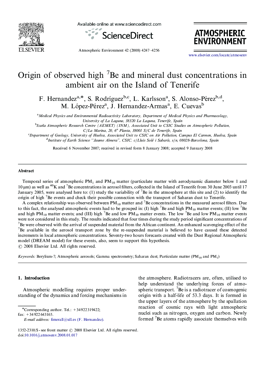 Origin of observed high 7Be and mineral dust concentrations in ambient air on the Island of Tenerife