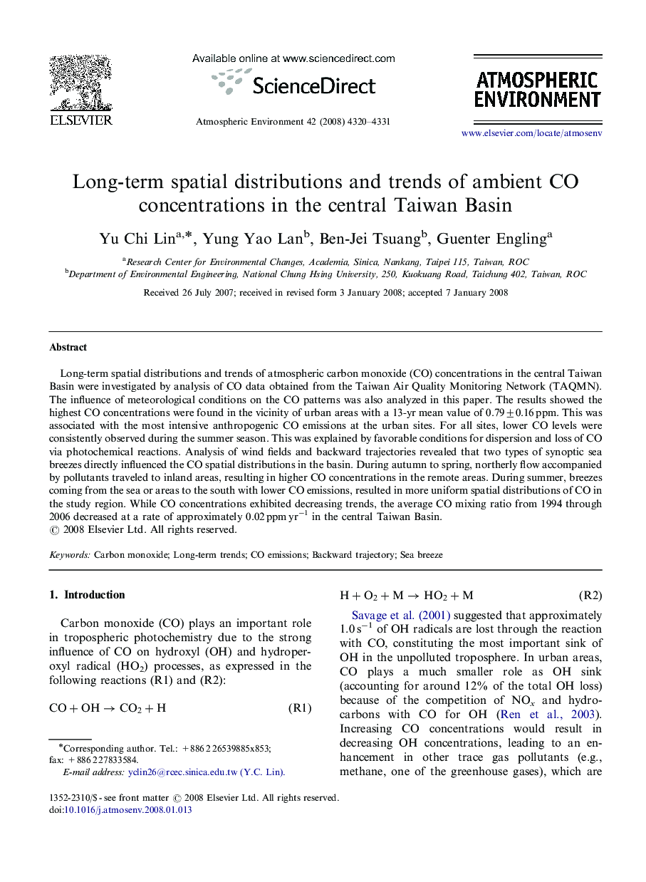 Long-term spatial distributions and trends of ambient CO concentrations in the central Taiwan Basin