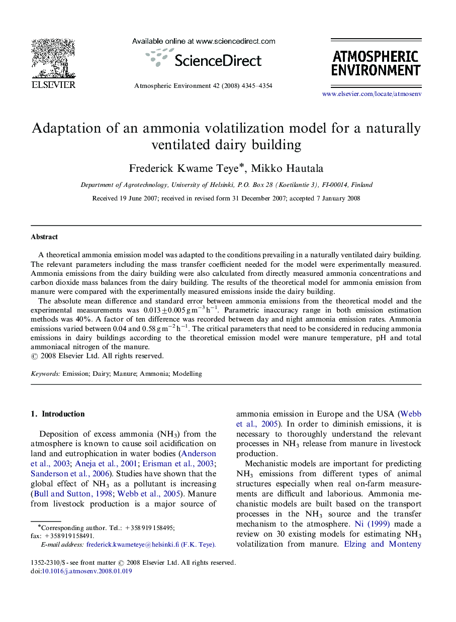 Adaptation of an ammonia volatilization model for a naturally ventilated dairy building