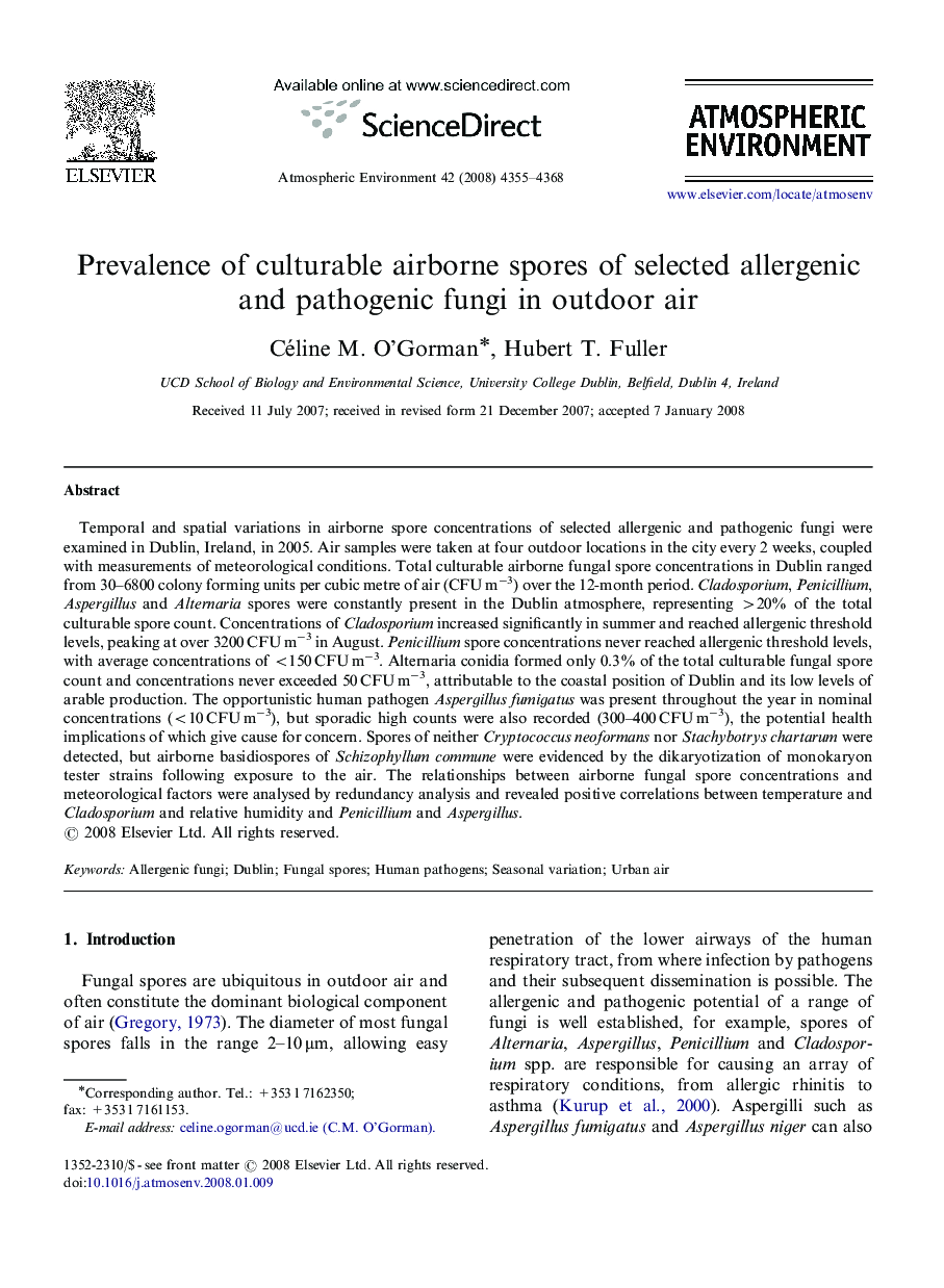 Prevalence of culturable airborne spores of selected allergenic and pathogenic fungi in outdoor air