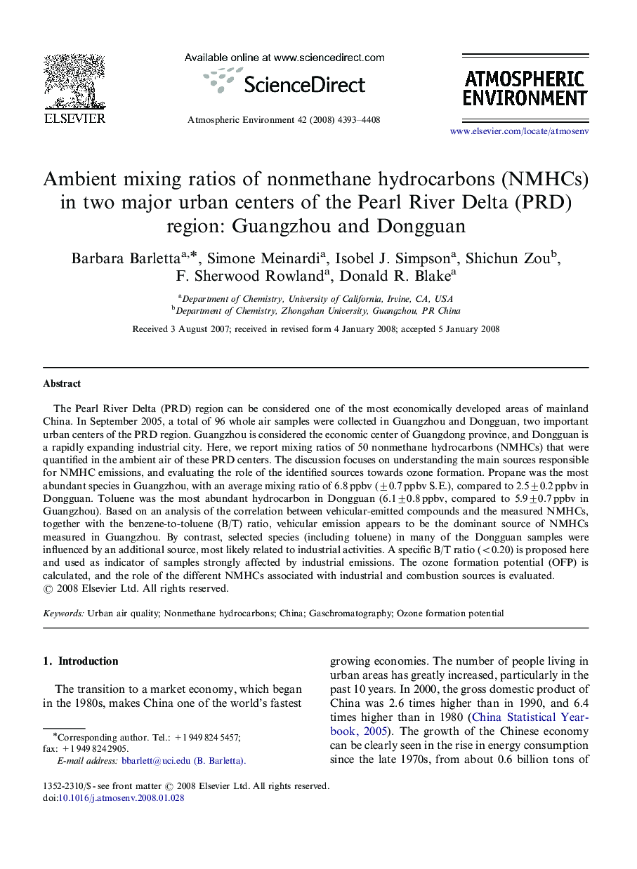 Ambient mixing ratios of nonmethane hydrocarbons (NMHCs) in two major urban centers of the Pearl River Delta (PRD) region: Guangzhou and Dongguan