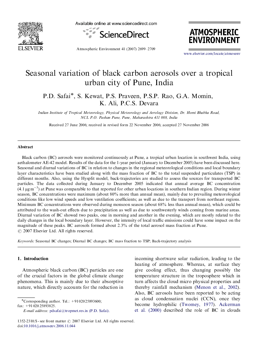 Seasonal variation of black carbon aerosols over a tropical urban city of Pune, India