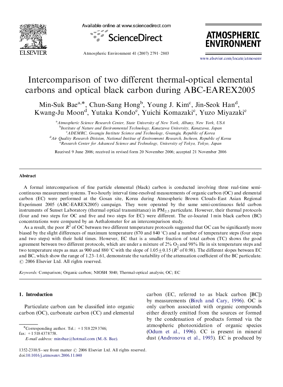 Intercomparison of two different thermal-optical elemental carbons and optical black carbon during ABC-EAREX2005