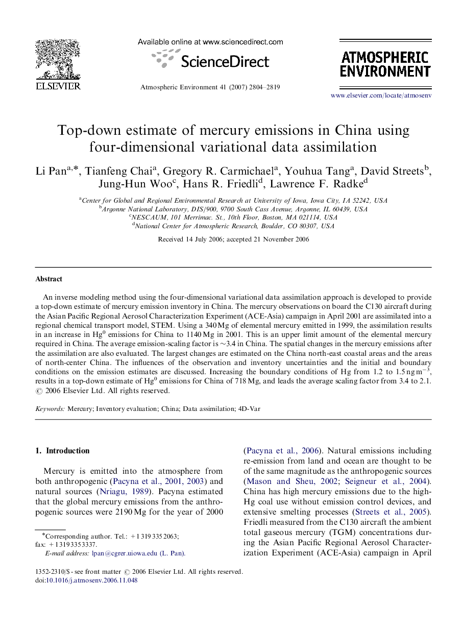 Top-down estimate of mercury emissions in China using four-dimensional variational data assimilation