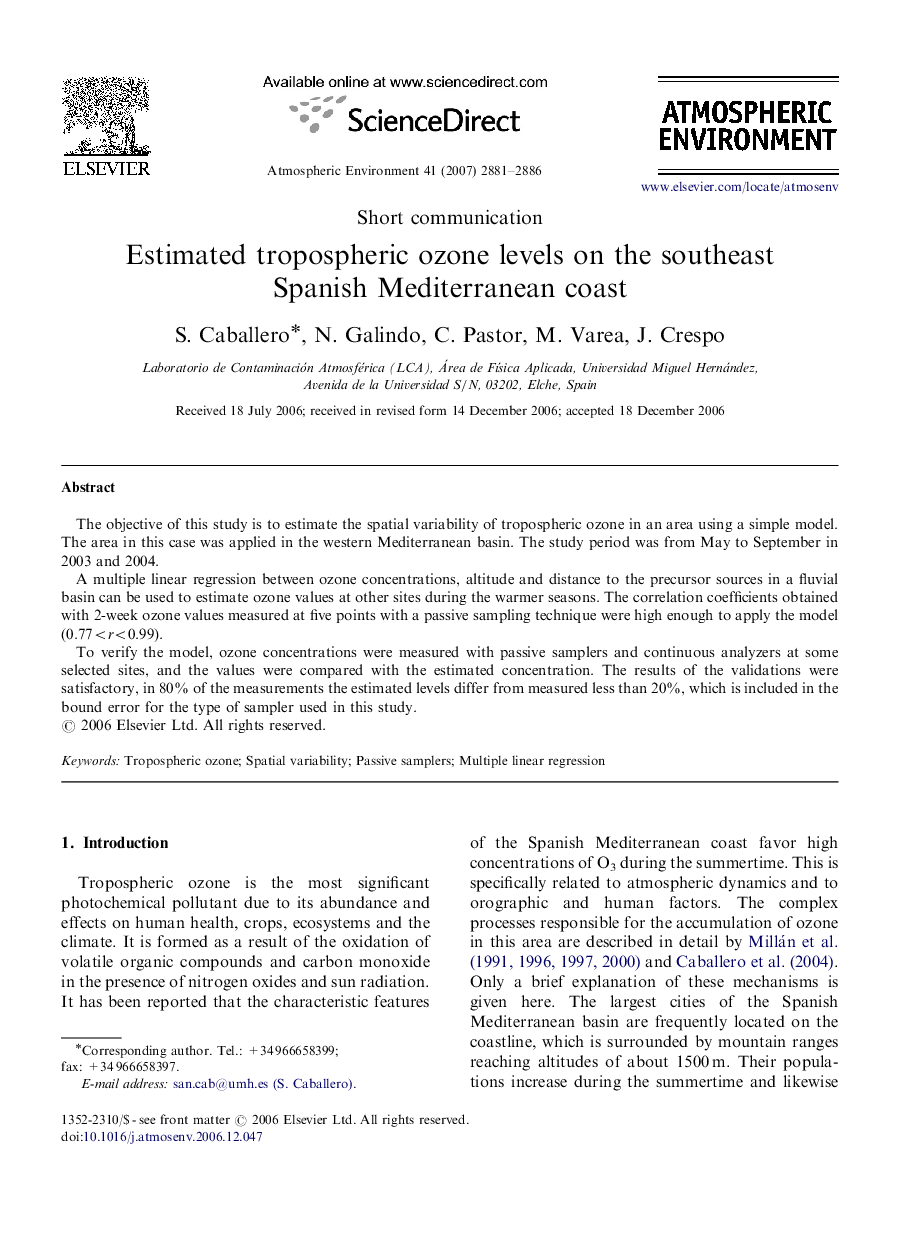 Estimated tropospheric ozone levels on the southeast Spanish Mediterranean coast