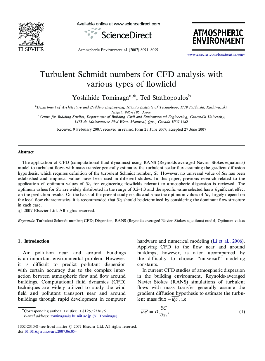 Turbulent Schmidt numbers for CFD analysis with various types of flowfield