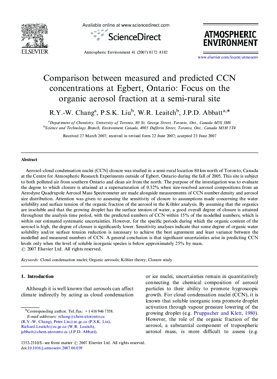 Comparison between measured and predicted CCN concentrations at Egbert, Ontario: Focus on the organic aerosol fraction at a semi-rural site