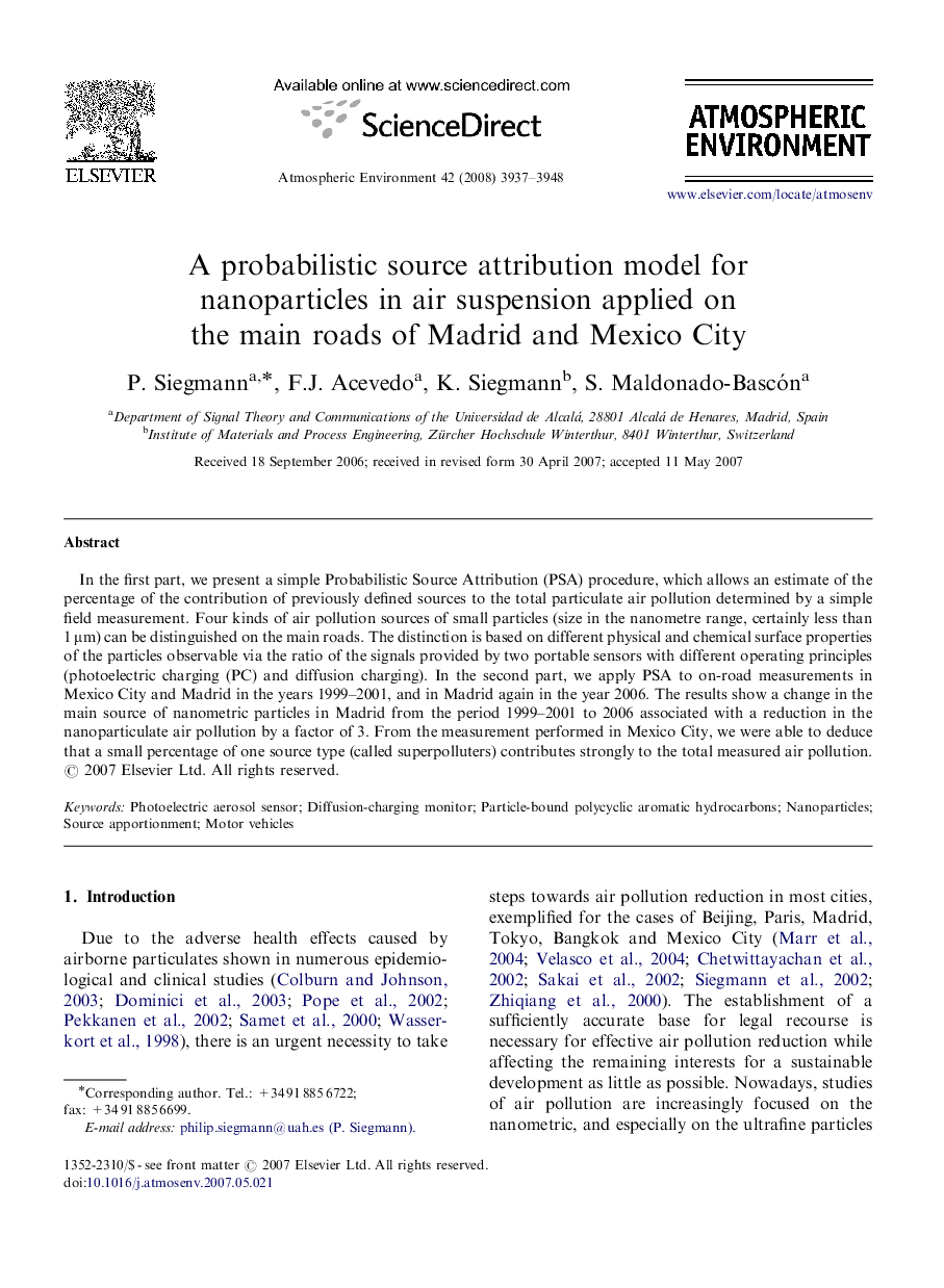 A probabilistic source attribution model for nanoparticles in air suspension applied on the main roads of Madrid and Mexico City