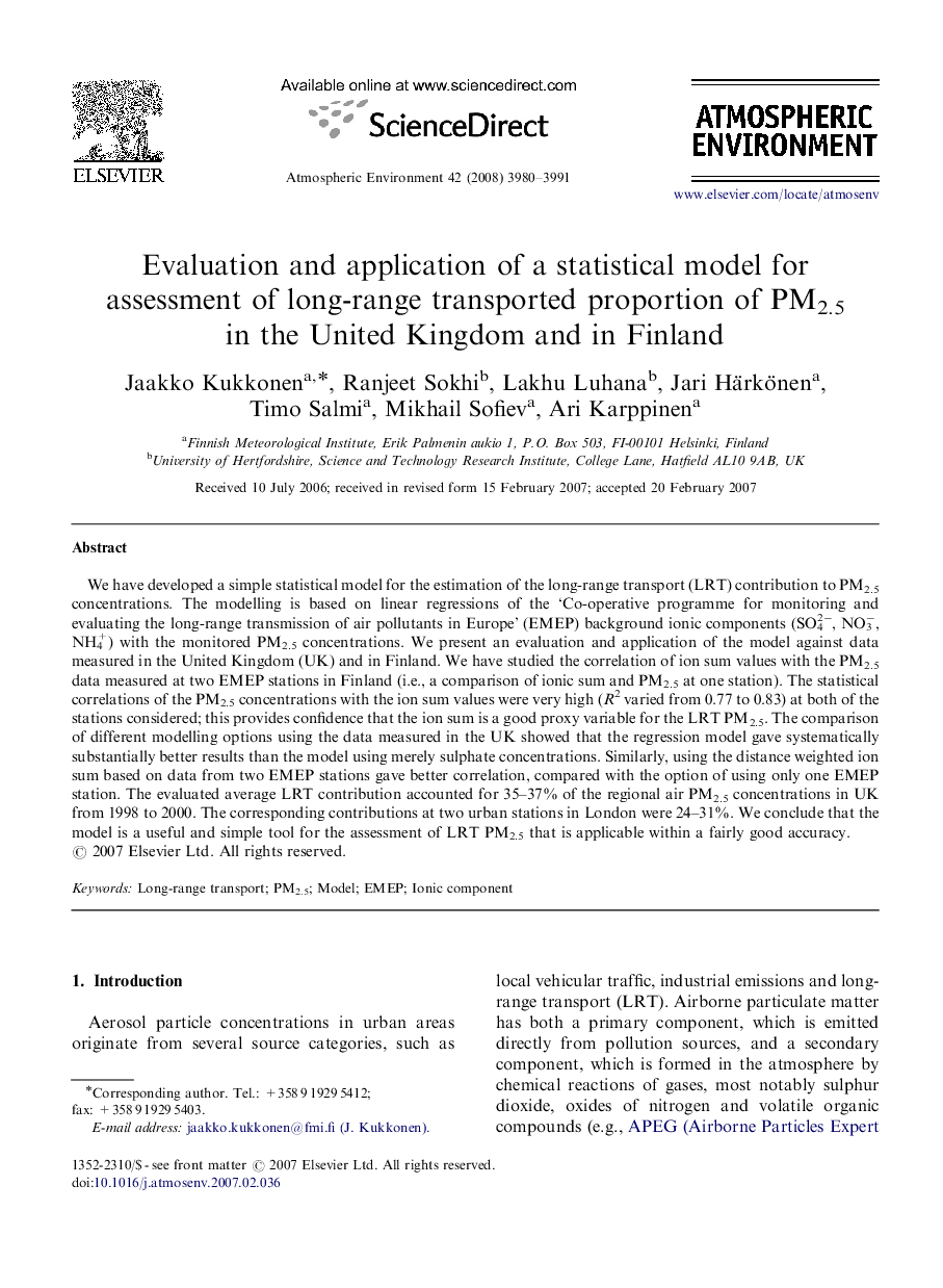 Evaluation and application of a statistical model for assessment of long-range transported proportion of PM2.5 in the United Kingdom and in Finland