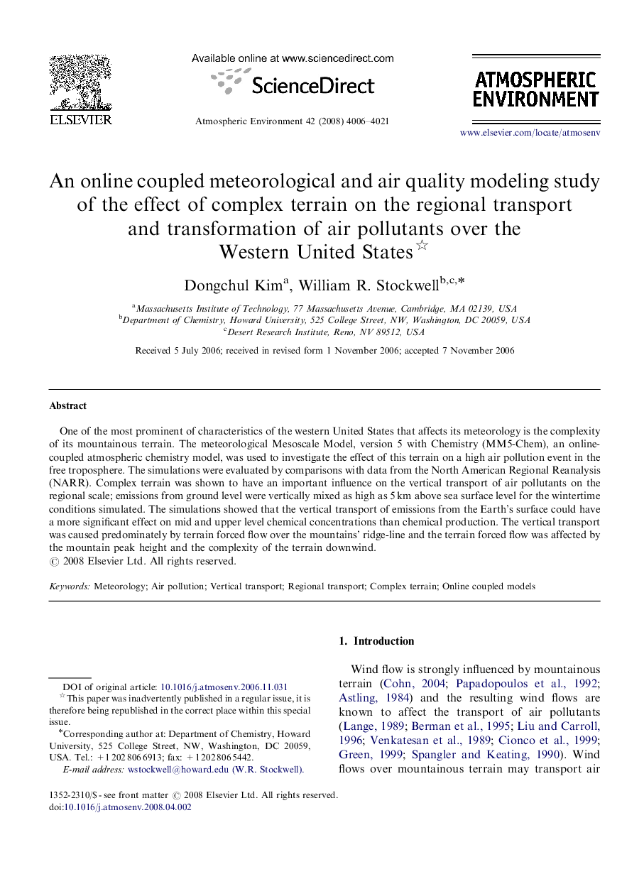 An online coupled meteorological and air quality modeling study of the effect of complex terrain on the regional transport and transformation of air pollutants over the Western United States 