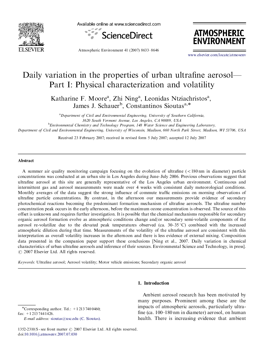 Daily variation in the properties of urban ultrafine aerosol—Part I: Physical characterization and volatility