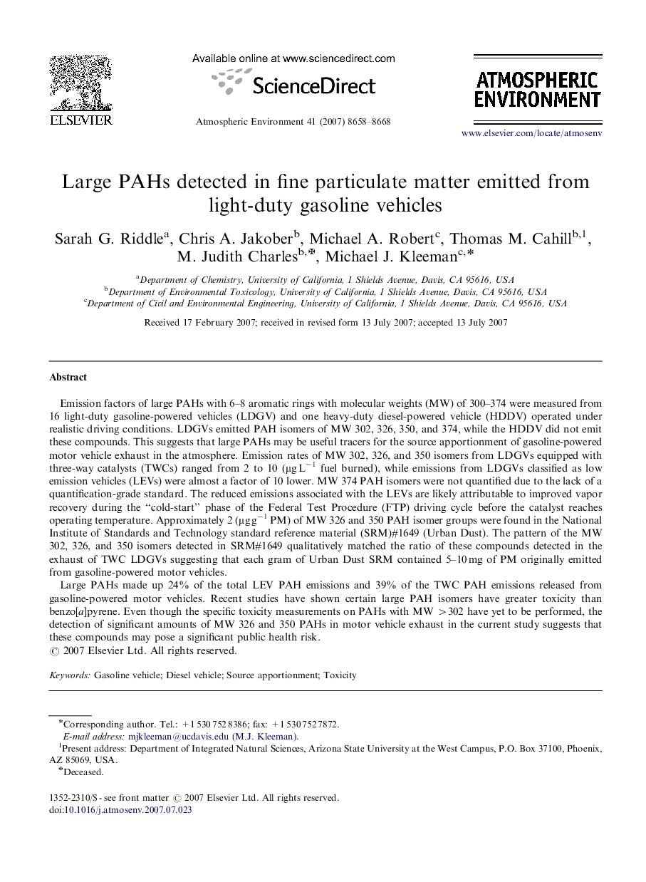 Large PAHs detected in fine particulate matter emitted from light-duty gasoline vehicles