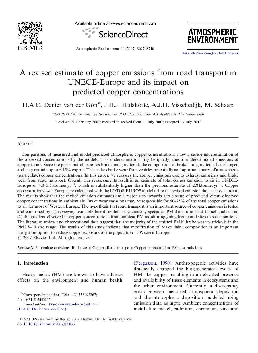 A revised estimate of copper emissions from road transport in UNECE-Europe and its impact on predicted copper concentrations