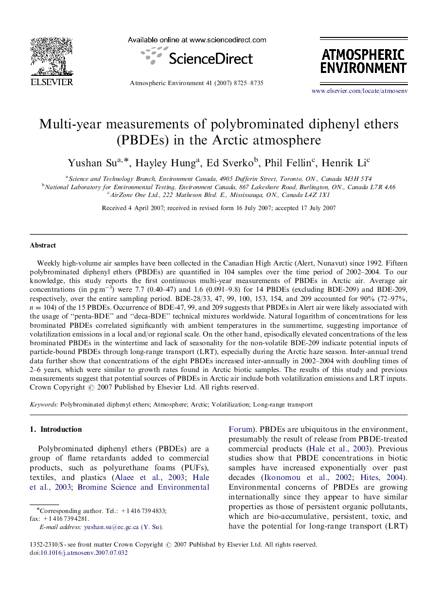 Multi-year measurements of polybrominated diphenyl ethers (PBDEs) in the Arctic atmosphere