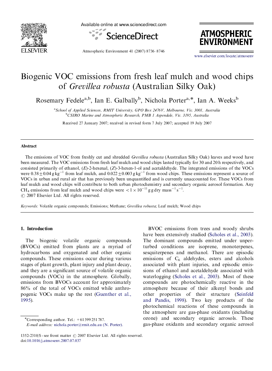 Biogenic VOC emissions from fresh leaf mulch and wood chips of Grevillea robusta (Australian Silky Oak)