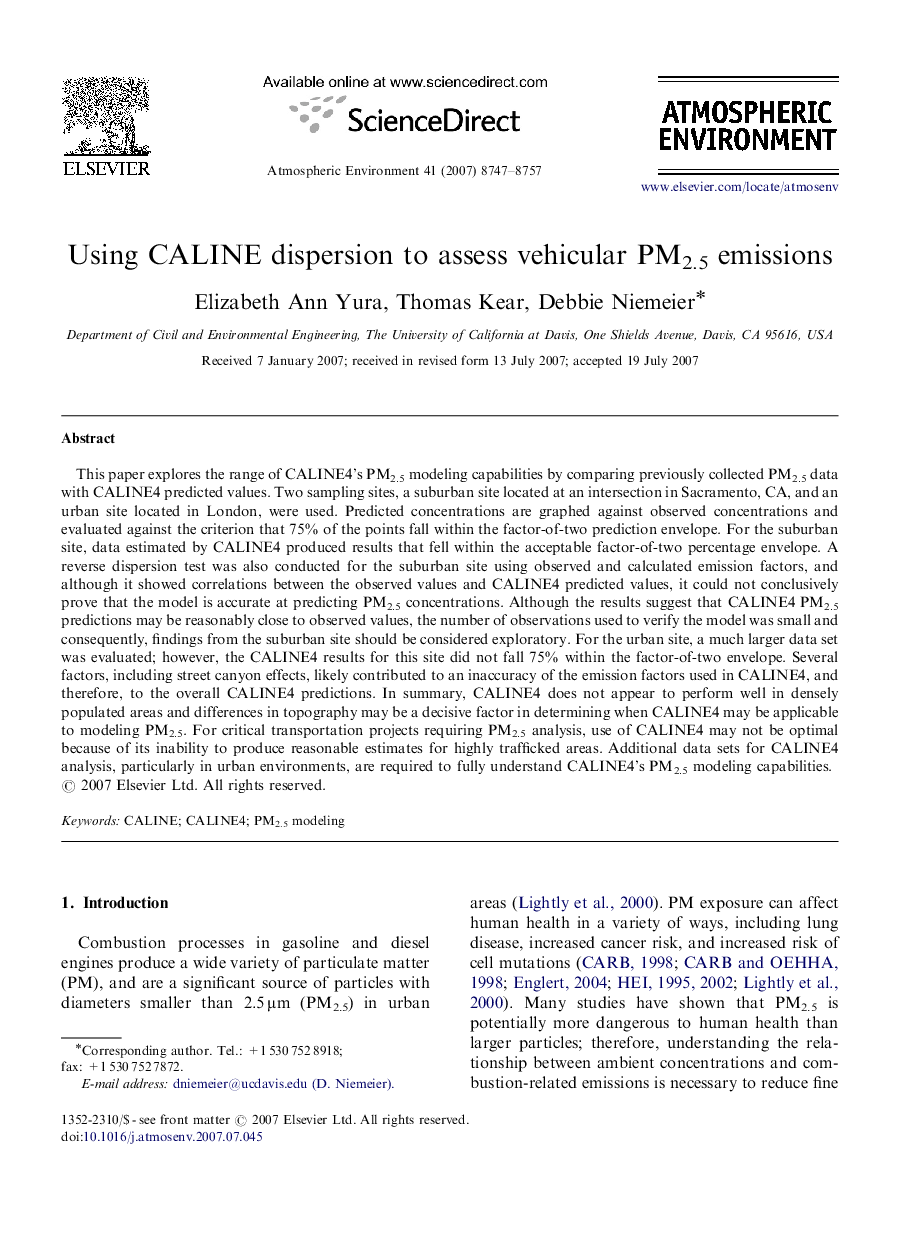 Using CALINE dispersion to assess vehicular PM2.5 emissions