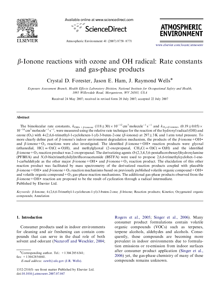 β-Ionone reactions with ozone and OH radical: Rate constants and gas-phase products