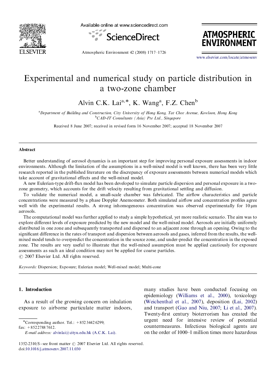 Experimental and numerical study on particle distribution in a two-zone chamber