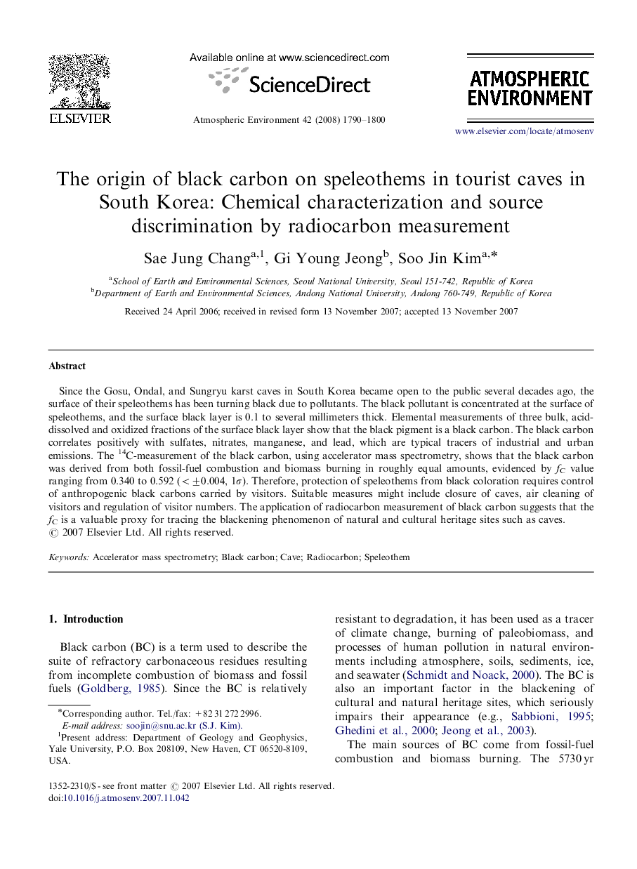 The origin of black carbon on speleothems in tourist caves in South Korea: Chemical characterization and source discrimination by radiocarbon measurement