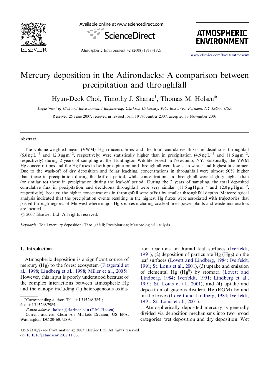 Mercury deposition in the Adirondacks: A comparison between precipitation and throughfall