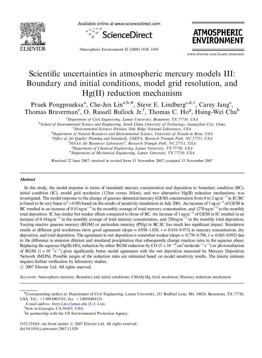 Scientific uncertainties in atmospheric mercury models III: Boundary and initial conditions, model grid resolution, and Hg(II) reduction mechanism