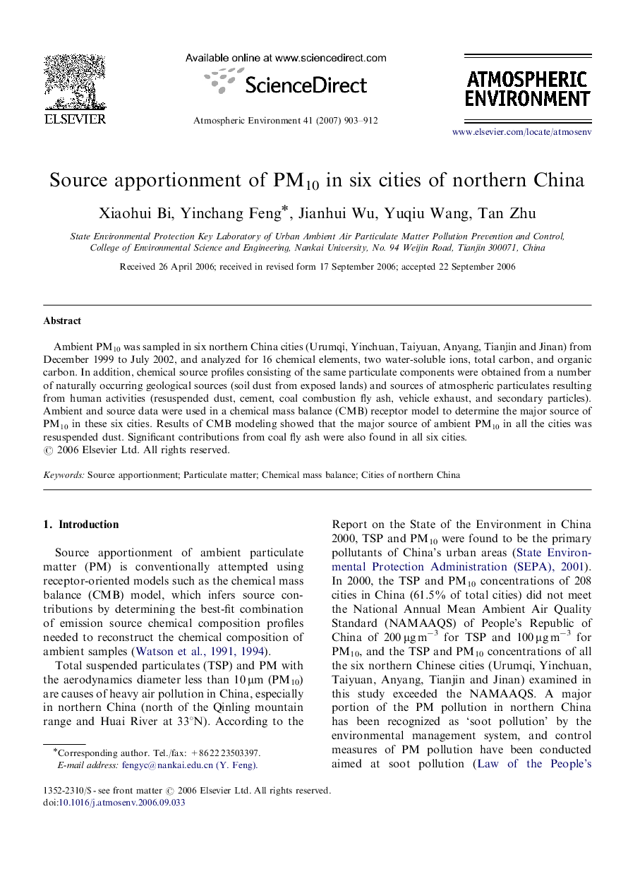 Source apportionment of PM10 in six cities of northern China