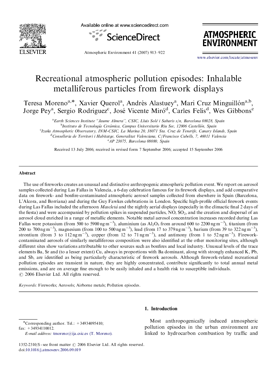 Recreational atmospheric pollution episodes: Inhalable metalliferous particles from firework displays