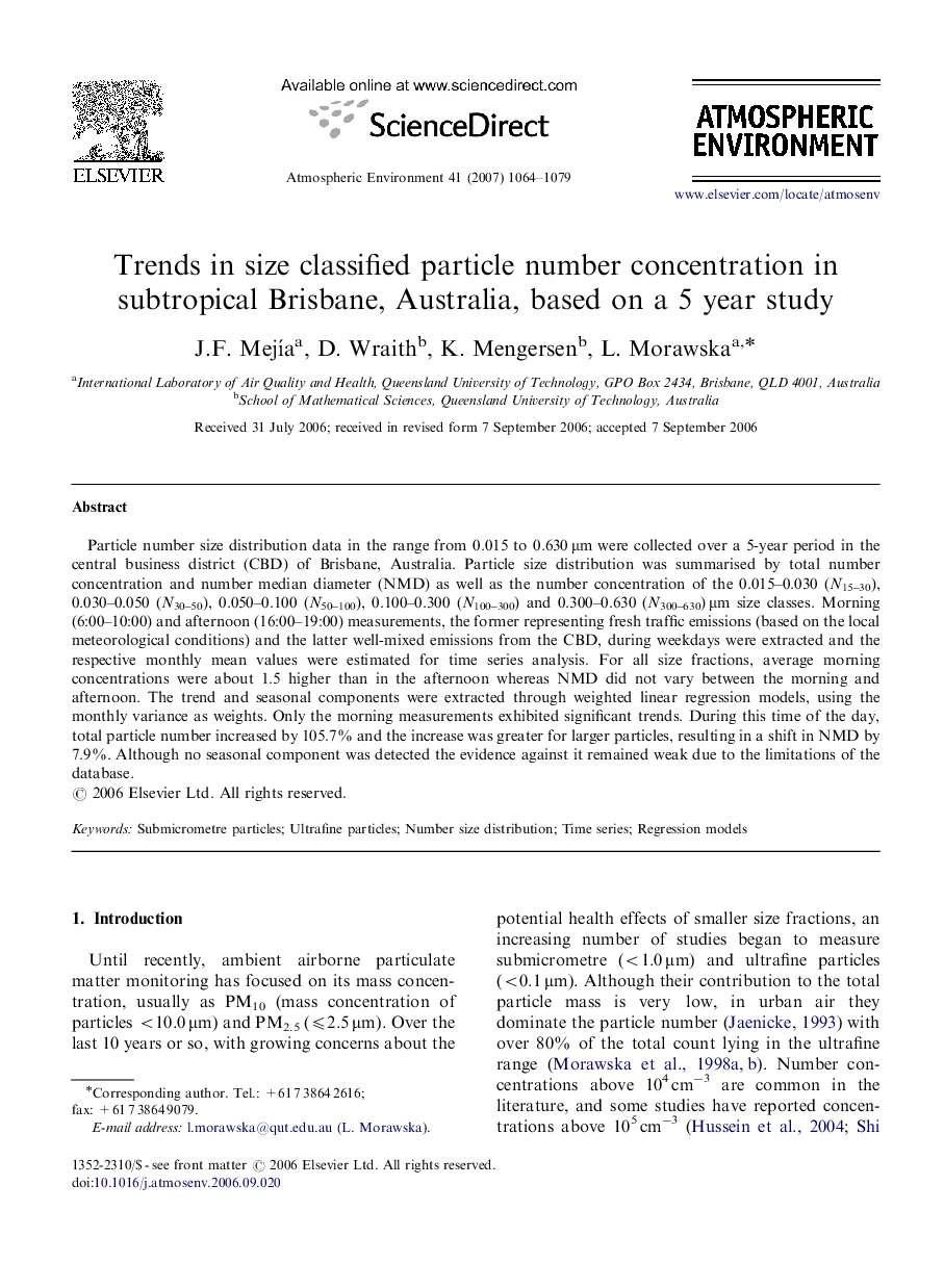 Trends in size classified particle number concentration in subtropical Brisbane, Australia, based on a 5 year study