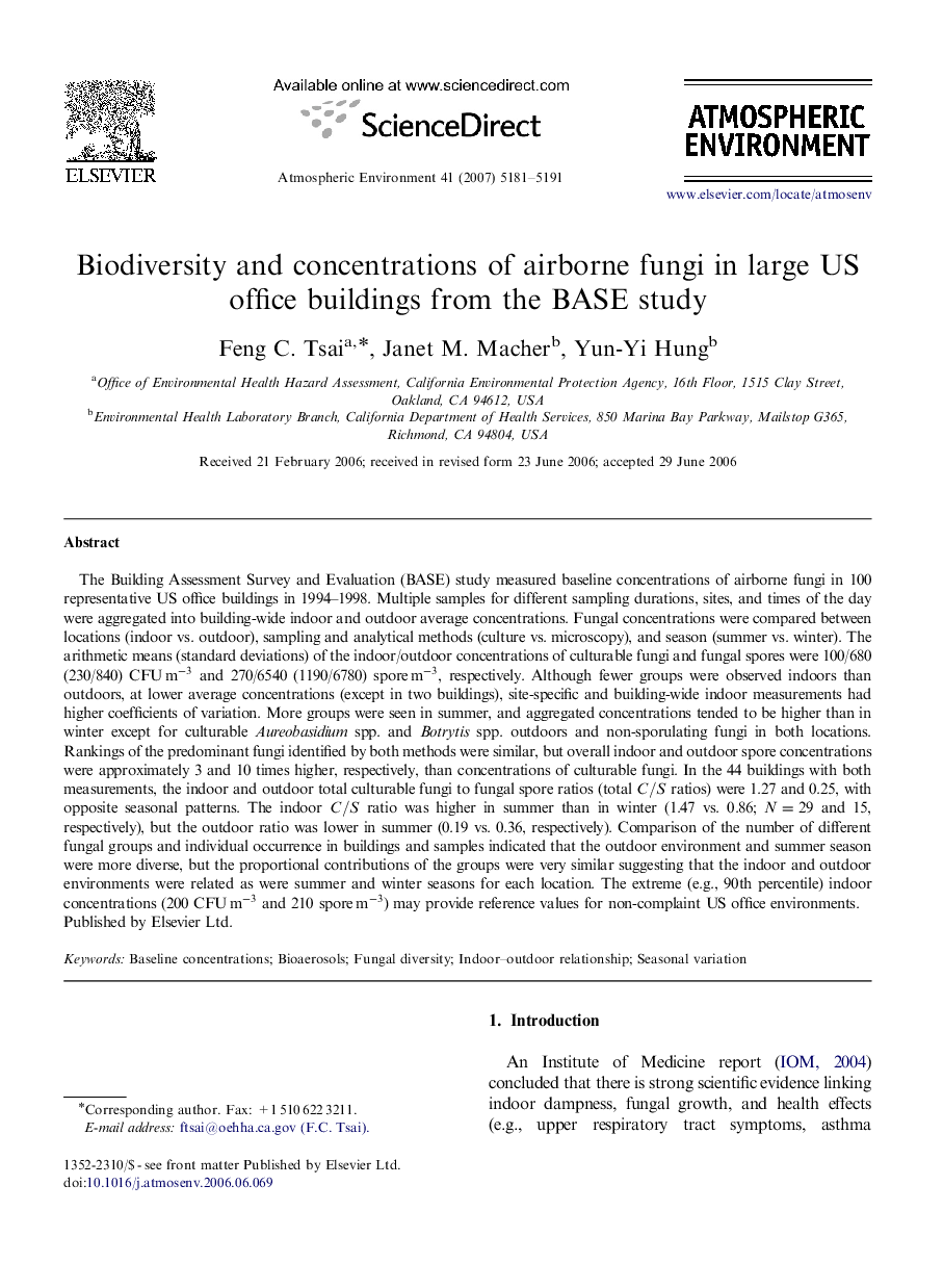 Biodiversity and concentrations of airborne fungi in large US office buildings from the BASE study