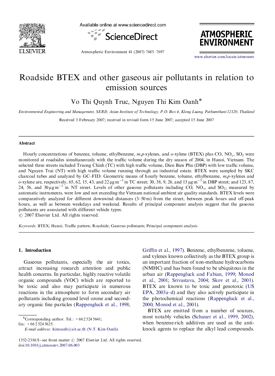 Roadside BTEX and other gaseous air pollutants in relation to emission sources