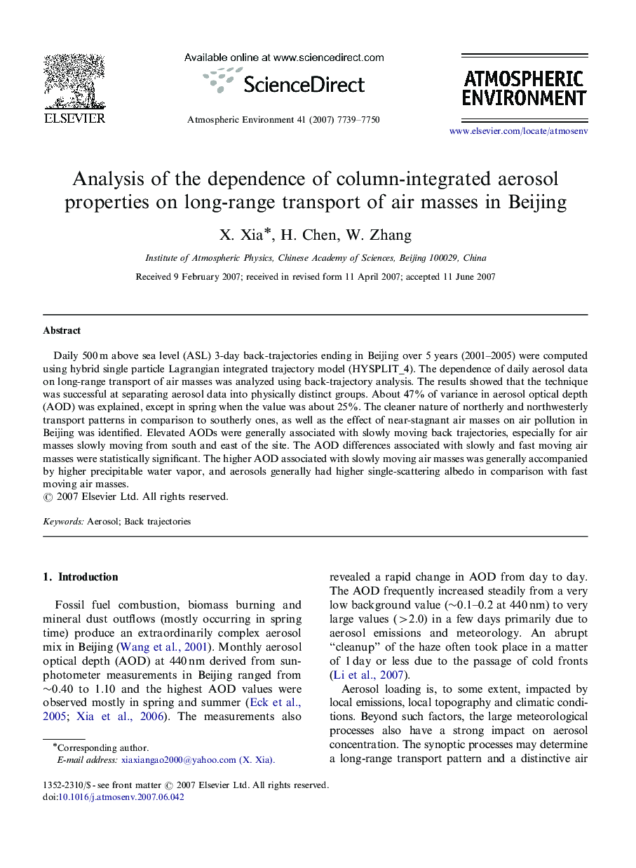 Analysis of the dependence of column-integrated aerosol properties on long-range transport of air masses in Beijing