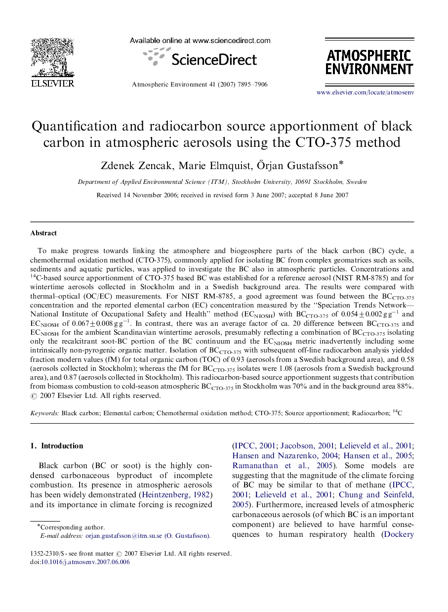 Quantification and radiocarbon source apportionment of black carbon in atmospheric aerosols using the CTO-375 method