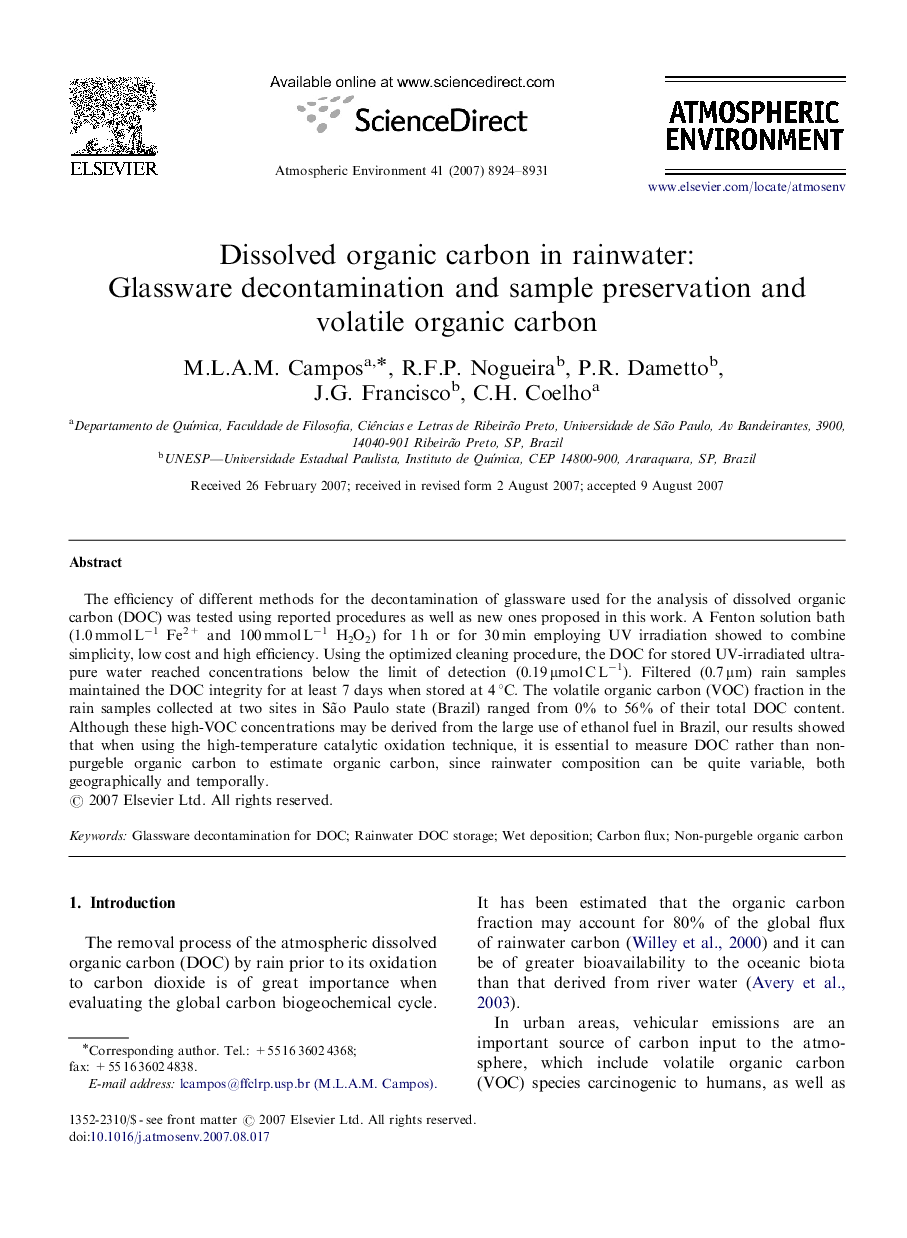 Dissolved organic carbon in rainwater: Glassware decontamination and sample preservation and volatile organic carbon