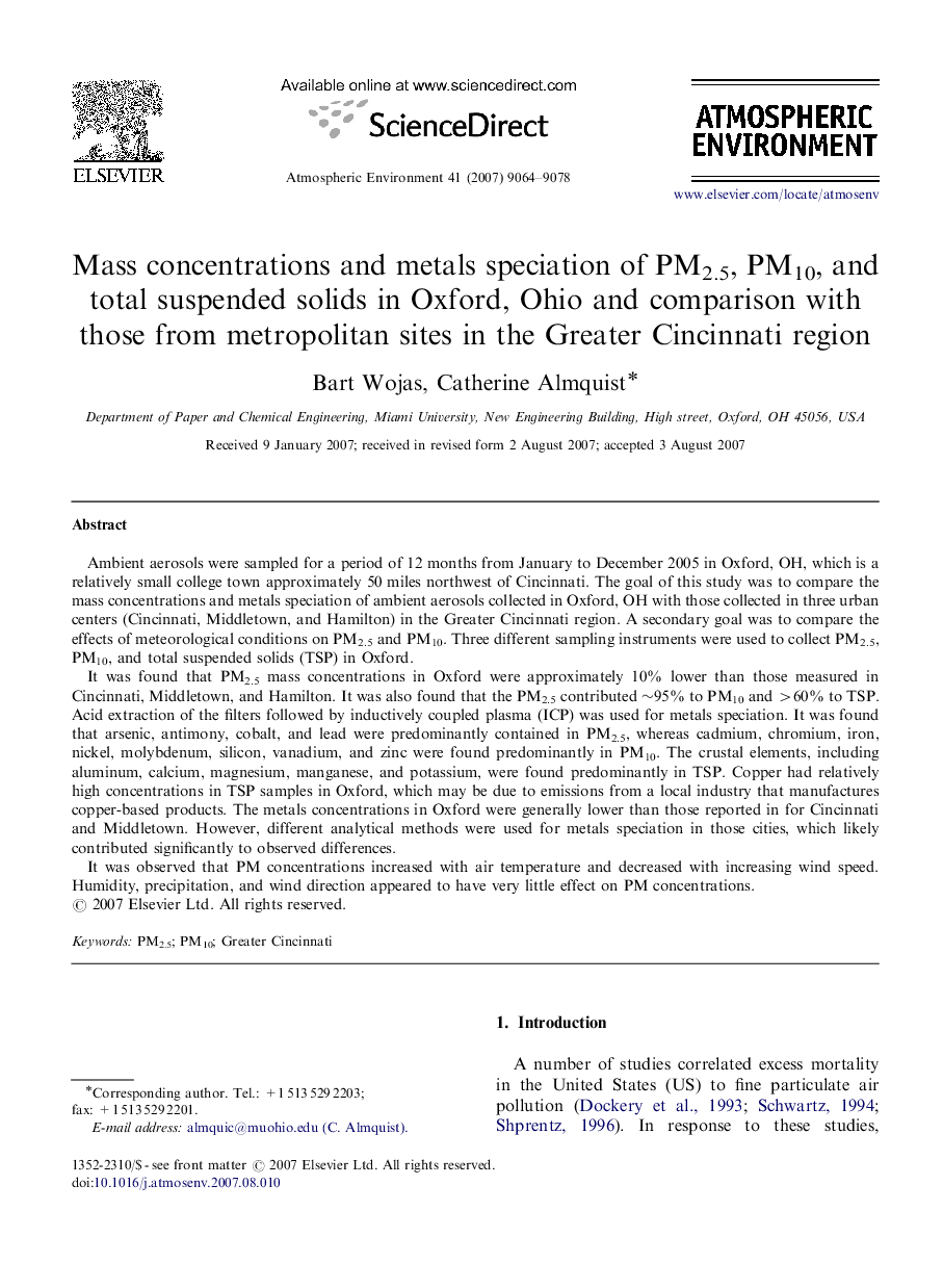 Mass concentrations and metals speciation of PM2.5, PM10, and total suspended solids in Oxford, Ohio and comparison with those from metropolitan sites in the Greater Cincinnati region