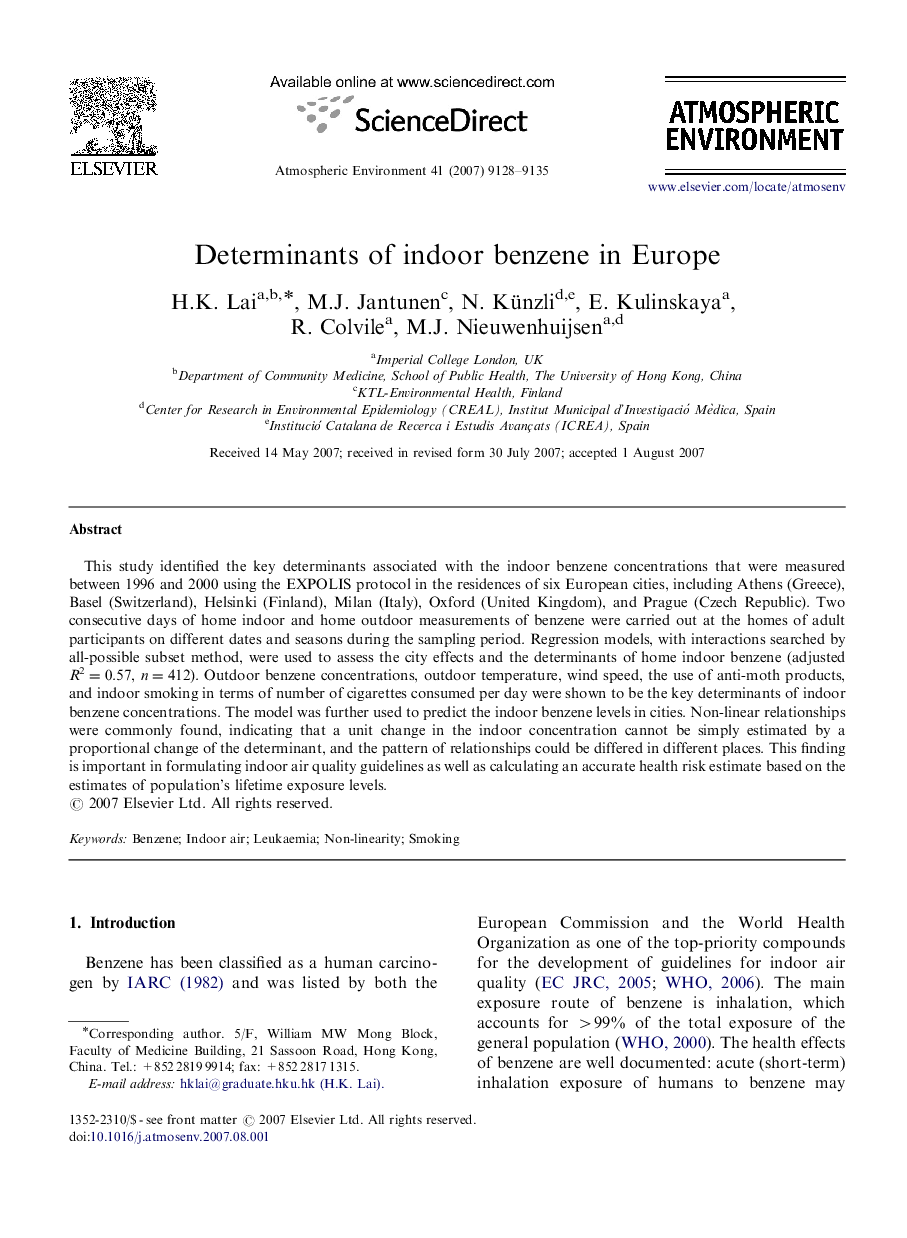 Determinants of indoor benzene in Europe