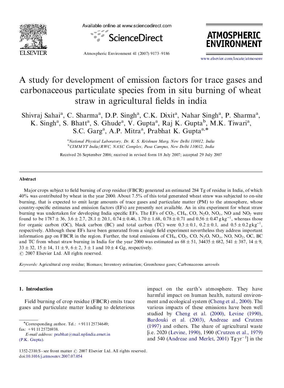 A study for development of emission factors for trace gases and carbonaceous particulate species from in situ burning of wheat straw in agricultural fields in india