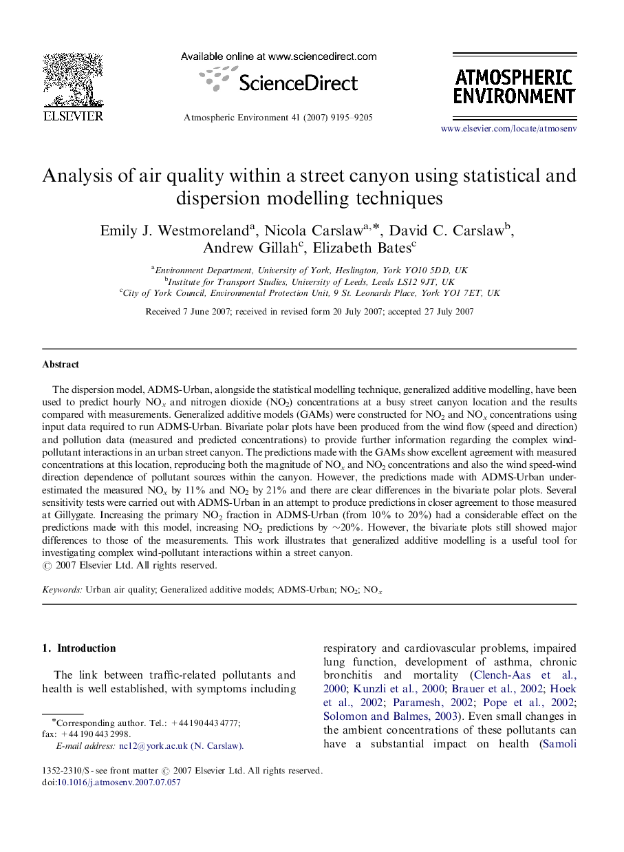 Analysis of air quality within a street canyon using statistical and dispersion modelling techniques